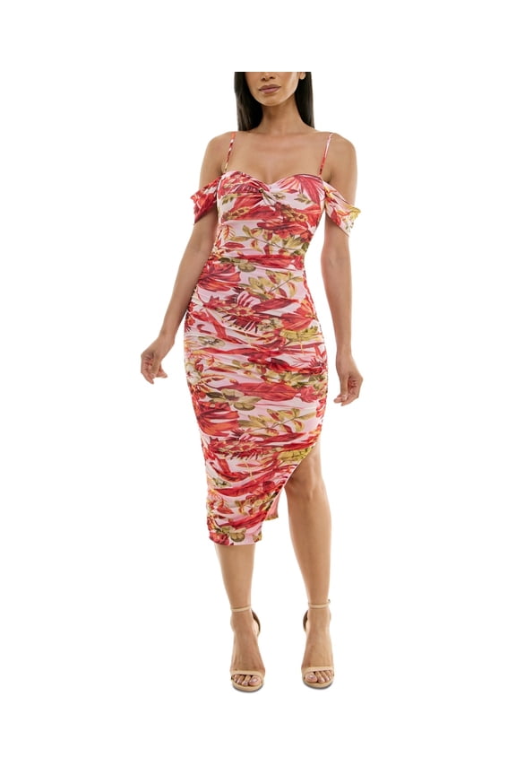 Juniors Floral-Mesh Ruched As Pink Floral XXS