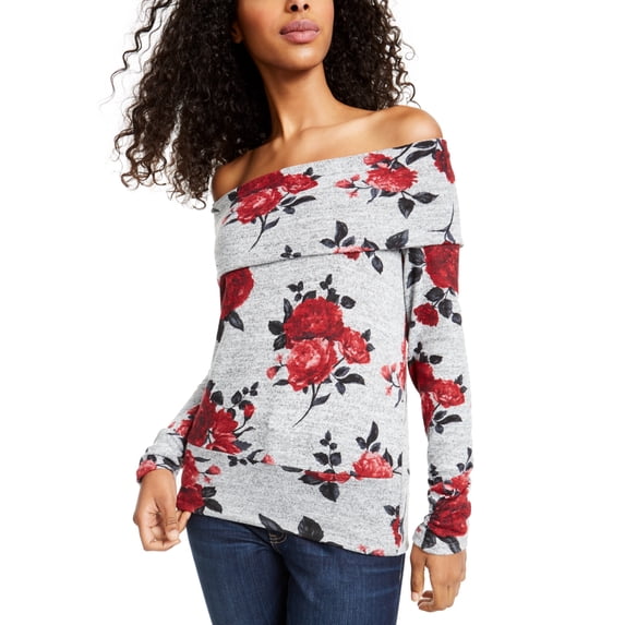 BCX Juniors' Off-The-Shoulder Rose Print Sweater Grey/Flowers Size X-Small