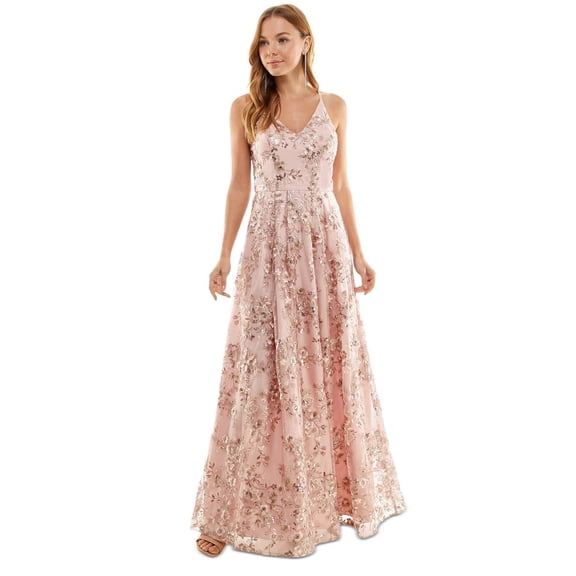 BCX Juniors Pink V-Neck Floral Embroidered Crisscross-Back Gown Dress