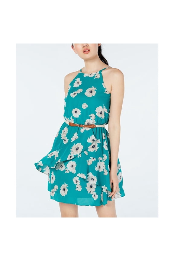Juniors' Printed Pleat-Neck Dress without Belt L B4HP