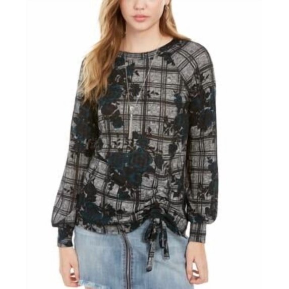 BCX Juniors' Printed Ruched Side-Tie Top Black Size X-Small