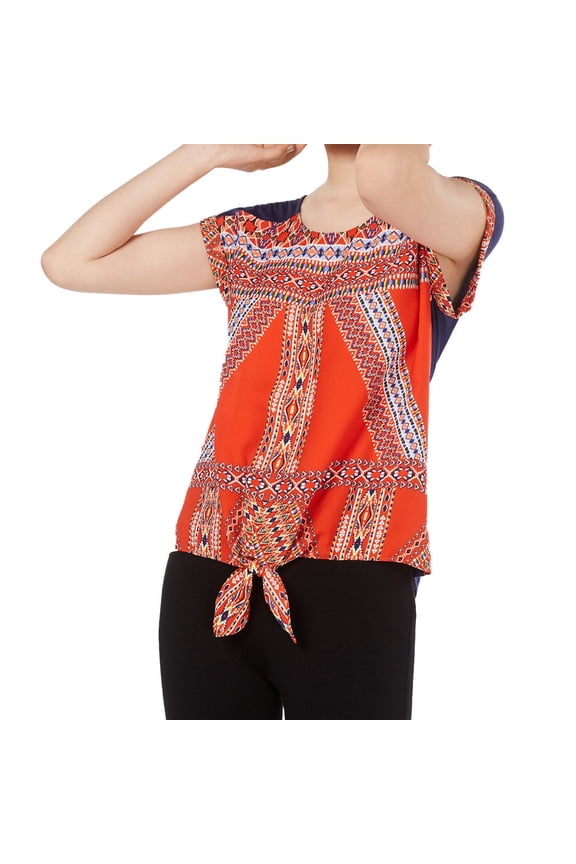 Juniors Printed Tie Hem Top,Orange/Navy Pattern,Large