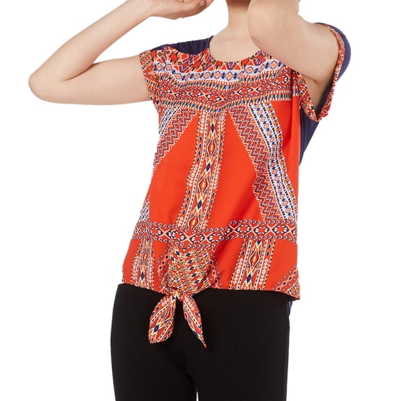 BCX Juniors Printed Tie Hem Top,Orange/Navy Pattern,Large