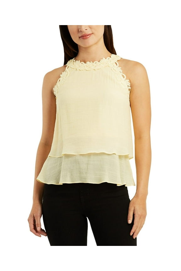 Women's Juniors' Crochet-Trim Layered-Hem Top yellow XS B4HP