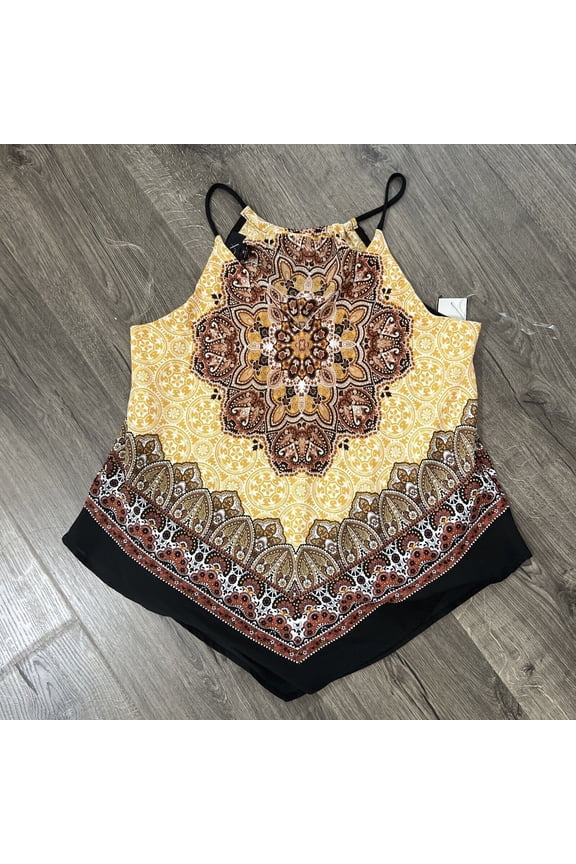 Women's Juniors' Printed V-Hem Top Beige B4HP (S)