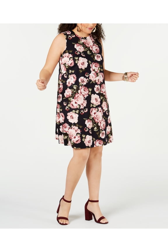Womens Black Floral Sleeveless Knee Length Shift Dress Plus Size: 3X
