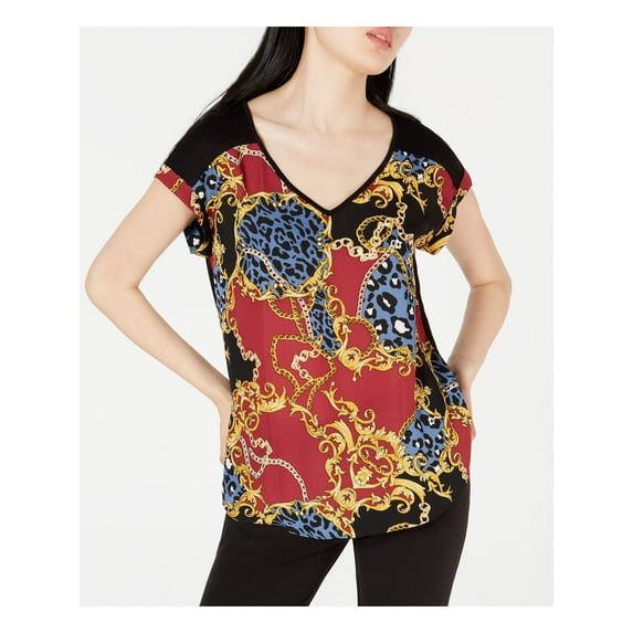 BCX Womens Black Multi Color Printed Cap Sleeve V Neck Wear To Work Blouse XS