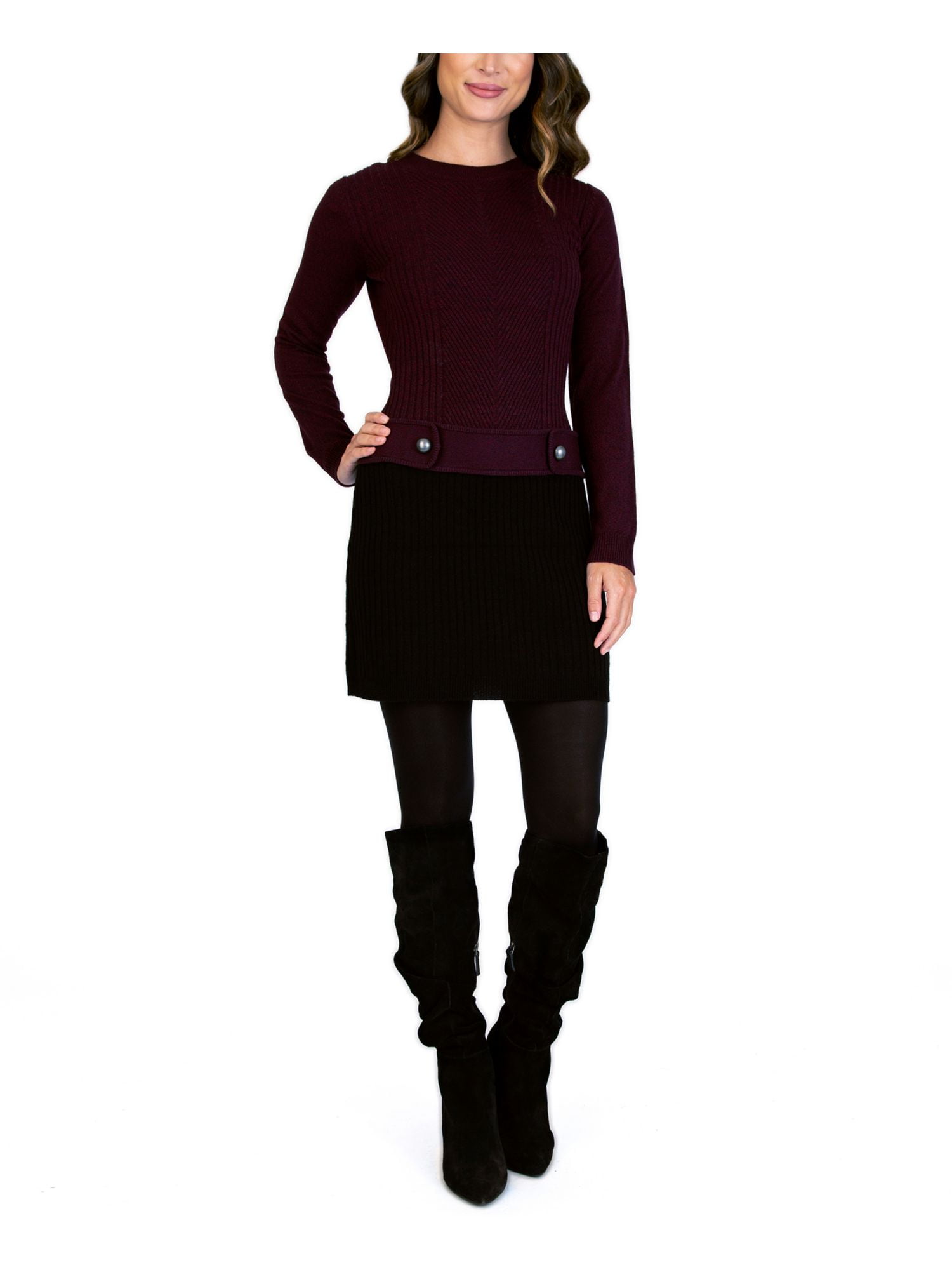 BCX Womens Burgundy Embellished Sweater Color Block Long Sleeve Crew