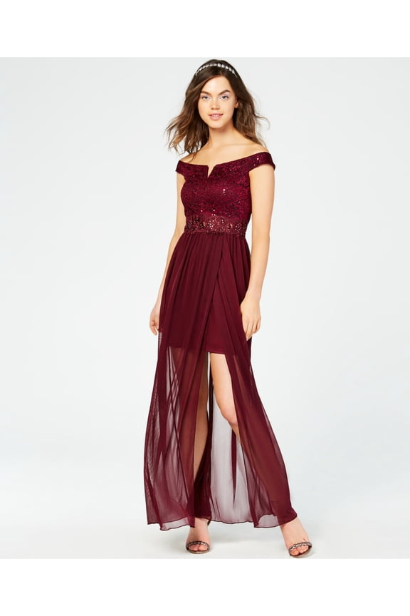 Womens Burgundy Short Sleeve Maxi Sheath Evening Dress Juniors Size: 3