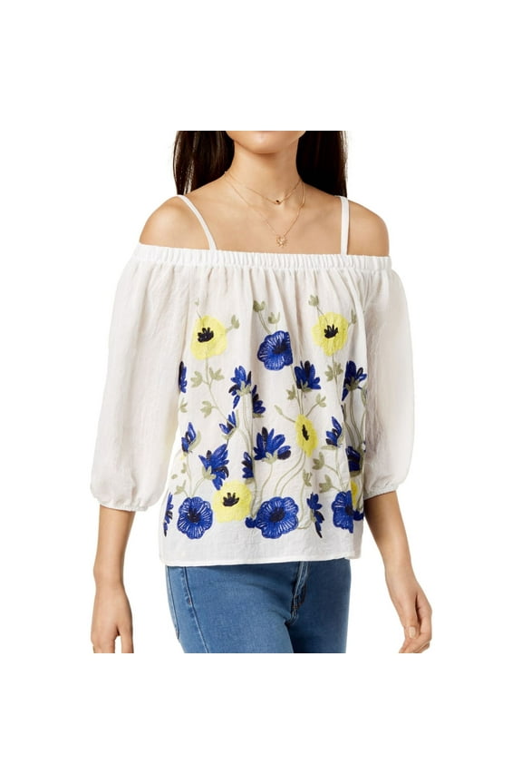 Womens Embroidered Off the Shoulder Blouse, White, Juniors, XX-Small