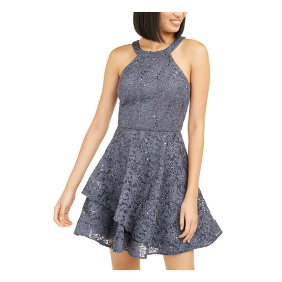 BCX Womens Gray Sleeveless Halter Short Party Fit + Flare Dress Juniors 3