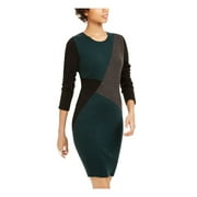 BCX Womens Green Color Block Long Sleeve Jewel Neck Short Sheath Dress XXS