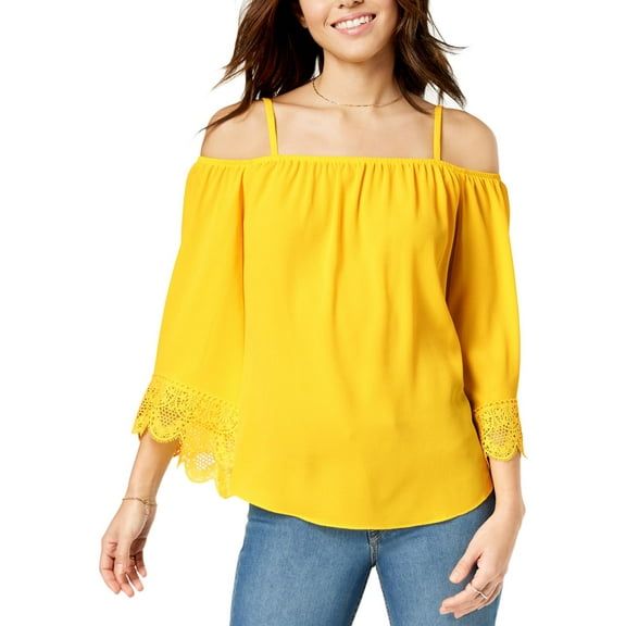 BCX Womens Juniors Off-The-Shoulder Lace Trim Pullover Top Yellow XS