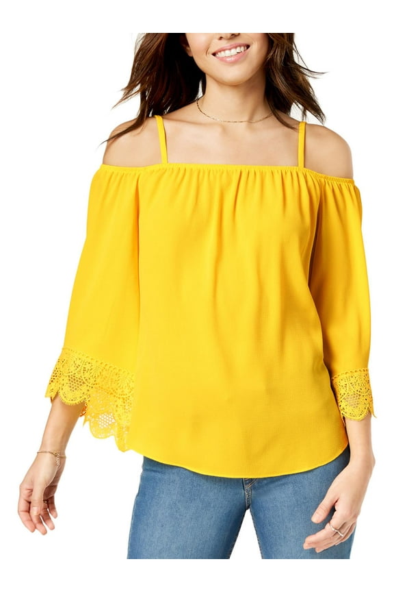 Womens Juniors Off-The-Shoulder Lace Trim Pullover Top Yellow XS
