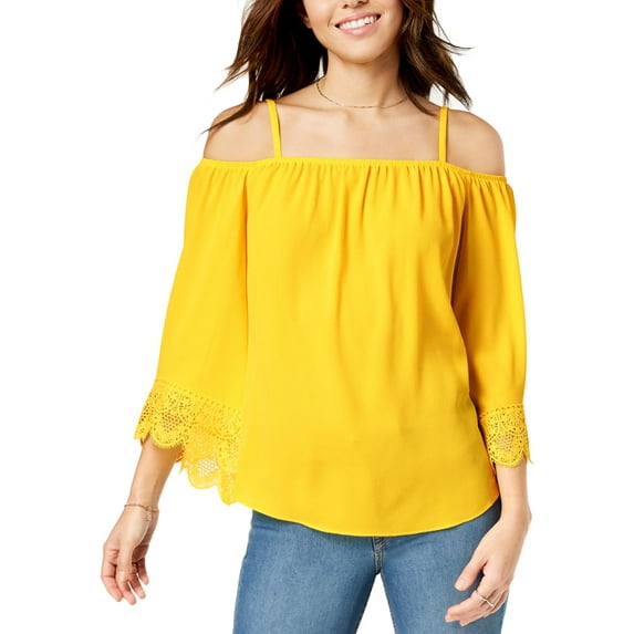 BCX Womens Juniors Off-The-Shoulder Lace Trim Pullover Top Yellow XS