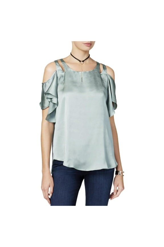 Womens Juniors Satin Cold Shoulder Blouse Green L