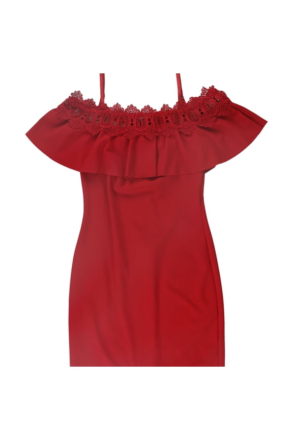 Womens Lace Trim Bodycon Dress, Red, 5