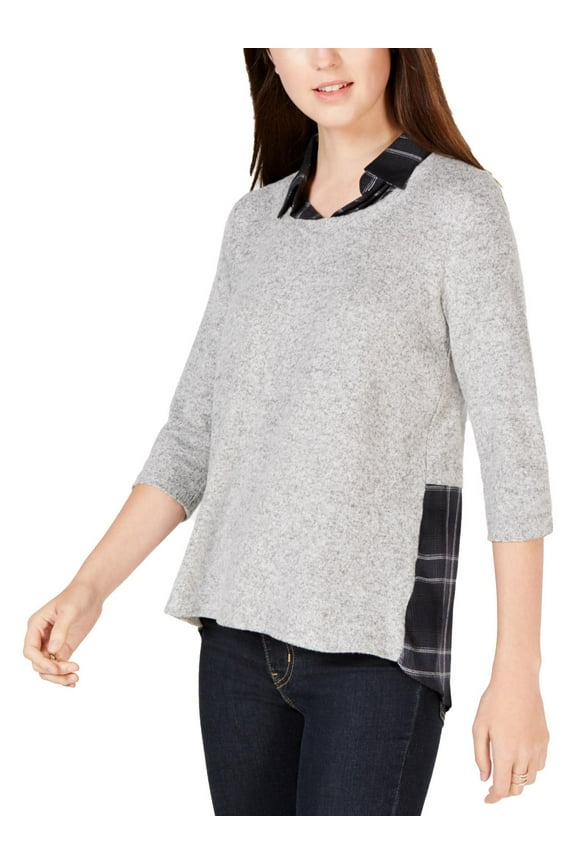 Womens Mixed Media Plaid Top Gray XS