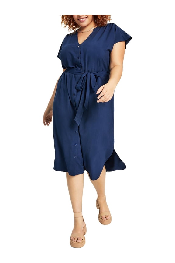 Womens Plus Belted Flowy Shirtdress