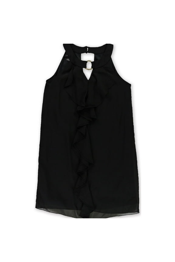 Womens Ruffle Charm Shift Dress, Black, Juniors, Small