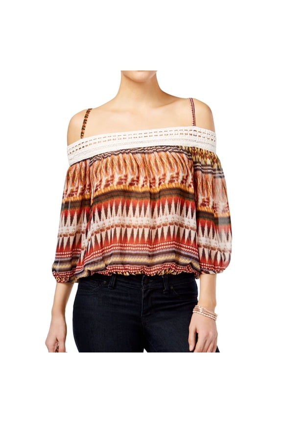 Womens Sheer Cold-Shoulder Pullover Blouse, Brown, Juniors, XX-Small