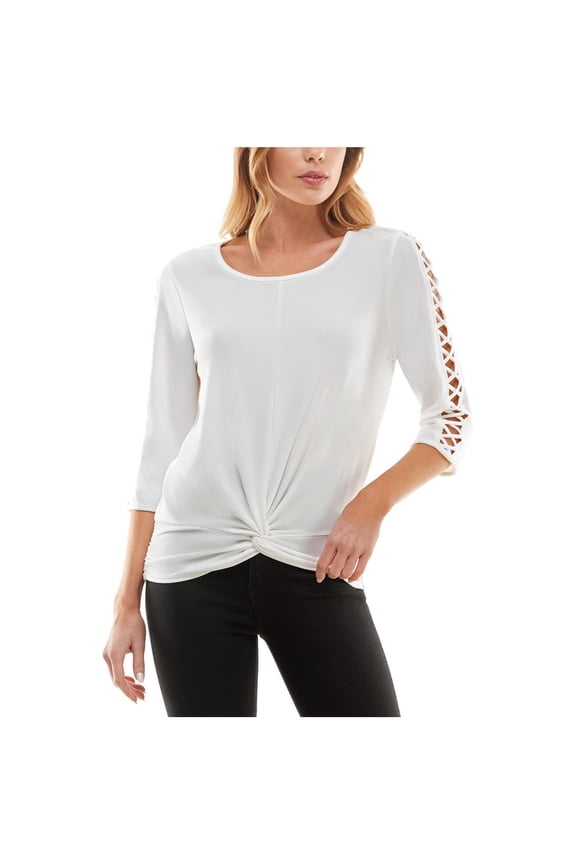 Womens Twist Front Knit Blouse, Off-White, Juniors, X-Small