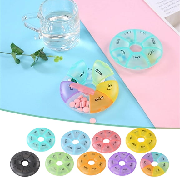 BCZHQQ 1 PC Pill Box 7 Day Week Organizer Weekly Bottle Cute Round Travel Case Small Container Medicine Stored Dispenser 1 Time Daily Day Medication Sorter Supplements with Date Letters