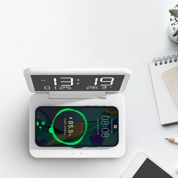 BCZHQQ Digital Alarm Clock,Mirror Surface LED Electronic Clock (6.7x4.3x4.3),USB Charger,Temp Display,Wireless Charge,3 Brightness Levels,White