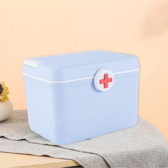 BCZHQQ First Aid Box Organizer,Empty 8.5 Inch Blue Vintage First Aid Kit Tin Metal Medical Box First Aid Storage Box Container Bins with Dividers,Removable Tray and Cross Logo,Summer Clearance