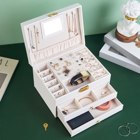 BCZHQQ Jewelry Organizer Box with Lock,Jewelry Box Organizer for Women Girls,2 Layers Large Jewelry Storage Case for Earring,Rings,Necklaces Bracelets,Watch,Summer Savings Clearance