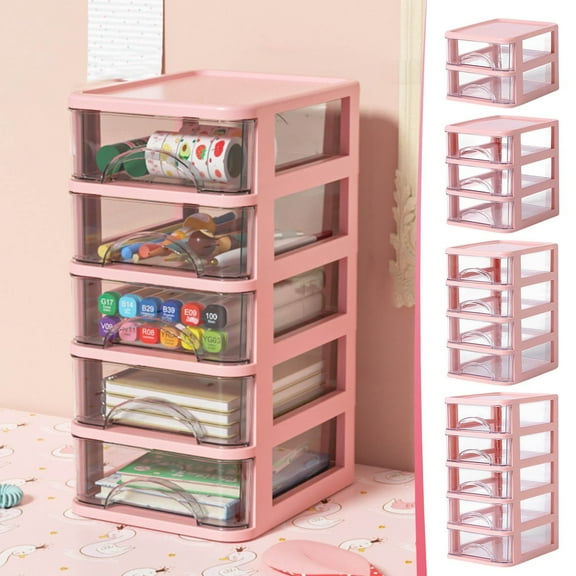 BCZHQQ Mini Plastic Organizer with 5 Clear Drawers,11.4"x5.6"x7.2" Small Storage Drawers Containers for Desk,Counters,Cabinets,Pink,Summer Clearance