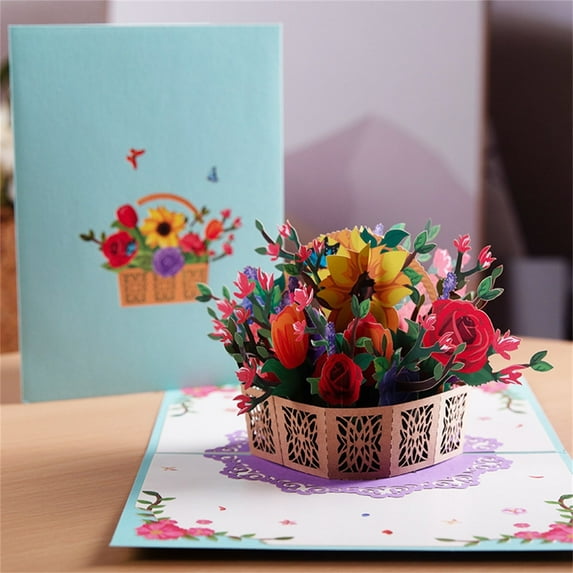 BCZHQQ Mothers Day Card 3D Flower Basket Pop up Cards Paper Flowers Bouquet Birthday Cards Sunflower Tulip Mother's Day Greeting Cards Gifts for Mom Women - Includes Envelope and Note Tag