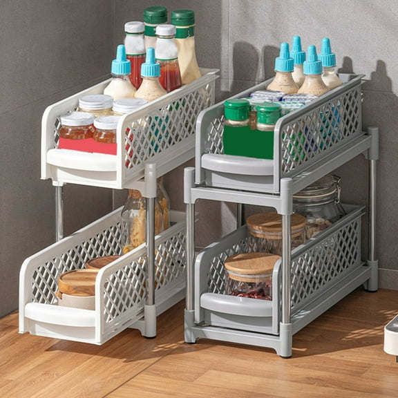 BCZHQQ Pull-Out 2-Tier Under-Sink Organizer with Dividers, Bathroom Sliding Storage Container