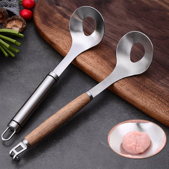 BCZHQQ Stainless Steel Meatball Spoon Press | Effortlessly Create Uniform Meatballs & Fishballs | Innovative Kitchen Tool for Efficient Food Preparation(Wooden Handle),Summer Saving Clearance