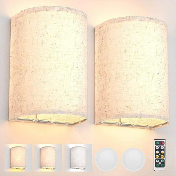 BCZHQQ Wall Sconces Set of Two,Battery Rechargeable 5 Colors Changeable Dimmable Wall Lights Fixtures with Remote Control Fabric Height Wall Lamp Sconces for Bedroom Living Room Hallway