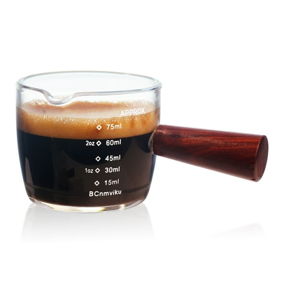 BCnmviku 1 Pack Espresso Shot Glass 75ML/2.5OZ Triple Pitcher Barista Single Spouts With Wood Handle