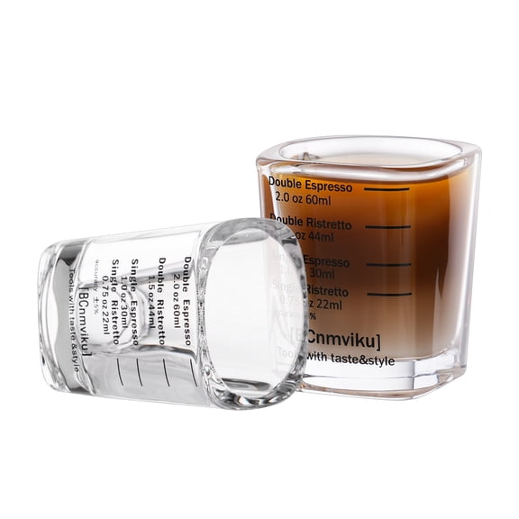 BCnmviku 2 Pack Espresso Shot Glasses Measuring Cup Liquid Heavy Glass for Baristas 2oz for Single Shot of Ristrettos