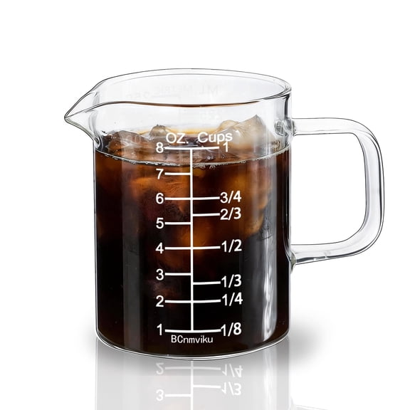 BCnmviku Glass Measuring Cup with Handle, 8OZ/250ML/1 CUP High Borosilicate Heat Resistant Glass Measuring Cup with Clear Markings (oz, Cup, ml) & Pour Spout, Microwave Safe