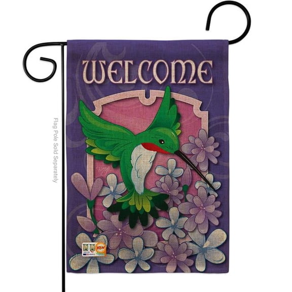 BD-BI-G-105033-IP-DB-D-US11-BD 13 x 18.5 in. Welcome Hummingbird Burlap Garden Friends Birds Impressions Decorative Vertical Double Sided Flag