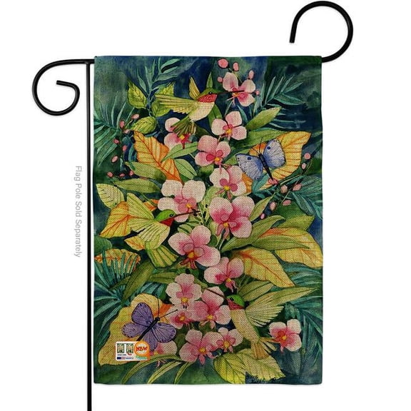 BD-BI-G-105055-IP-DB-D-US18-WA 13 x 18.5 in. Orchids & Hummingbirds Burlap Garden Friends Birds Impressions Decorative Vertical Double Sided Flag