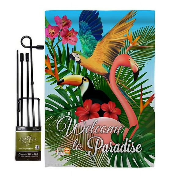 BD-BI-GS-105053-IP-BO-D-US18-BD 13 x 18.5 in. Tropical Bird Paradise Garden Friends Birds Impressions Decorative Vertical Double Sided Flag Set with Banner Pole