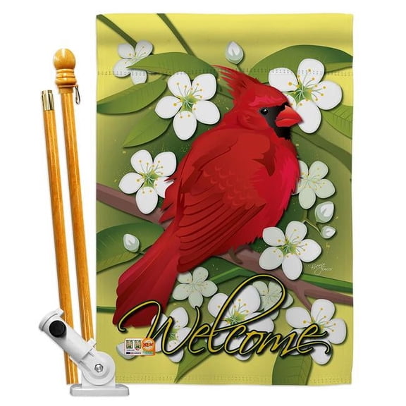 BD-BI-HS-105032-IP-BO-D-US11-BD 28 x 40 in. Cardinal Garden Friends Birds Impressions Decorative Vertical Double Sided House Flag Set & Pole Bracket Hardware