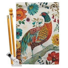 BD-BI-HS-105056-IP-BO-D-US18-WA 28 x 40 in. Suzani Peacock Garden Friends Birds Impressions Decorative Vertical Double Sided House Flag Set & Pole Bracket Hardware