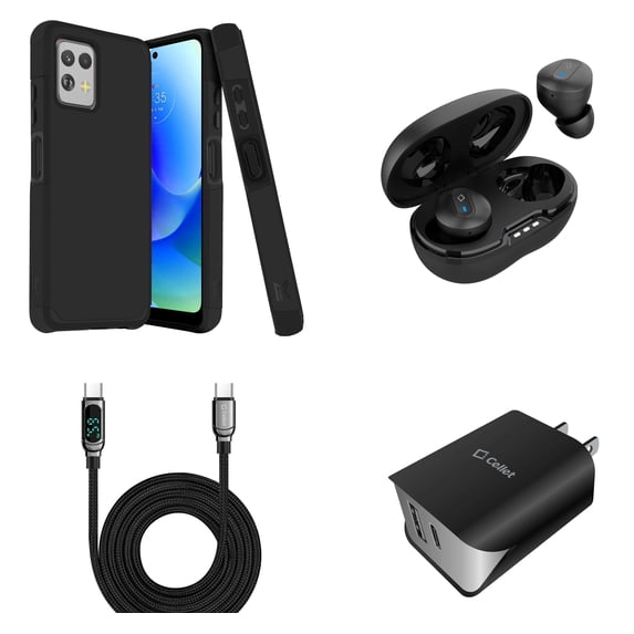 BD Combo Bundle Case for Moto G Power 5G 2023 Case - (Black) Dual Shockproof Protector Armor Case with Wireless Earbuds, UL Certified Dual Wall Charger, Digital Display USB-C to USB-C Cable