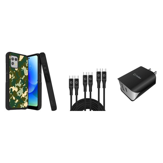 BD Combo Bundle Case for Moto G Power 5G 2023 Case - (Green Camo) Dual Shockproof Protector Armor Case with UL Certified Dual Wall Charger, 3-Pack of USB Cables (3ft, 6ft, 10ft)