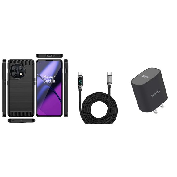 BD Combo Bundle Case for OnePlus 11 5G Case - (Black) Slim TPU Flexible Carbon Fiber Armor Case with UL Listed Type-C PD Wall Charger, Digital Display USB-C to USB-C Cable