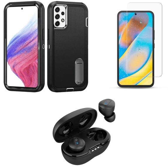 BD Combo Bundle Case for Samsung Galaxy A53 5G Case - (Black) Tough Rugged Protector Stand Cover with Screen Protectors, Premium Wireless Earbuds, TWS with Charging Case