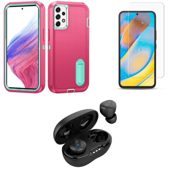 BD Combo Bundle Case for Samsung Galaxy A53 5G Case - (Teal/Pink) Tough Rugged Protector Stand Cover with Screen Protectors, Premium Wireless Earbuds, TWS with Charging Case