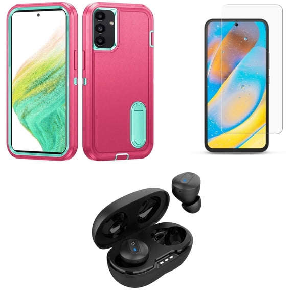 BD Combo Bundle Case for Samsung Galaxy A54 5G Case - (Teal and Pink) Tough Rugged Protector Stand Cover with Screen Protectors, Premium Wireless Earbuds, TWS with Charging Case