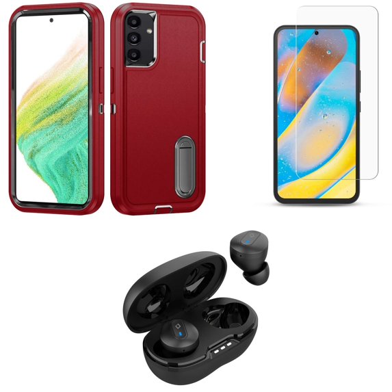BD Combo Bundle Case for Samsung Galaxy A54 5G Case - (Red) Tough Rugged Protector Stand Cover with Screen Protectors, Premium Wireless Earbuds, TWS with Charging Case